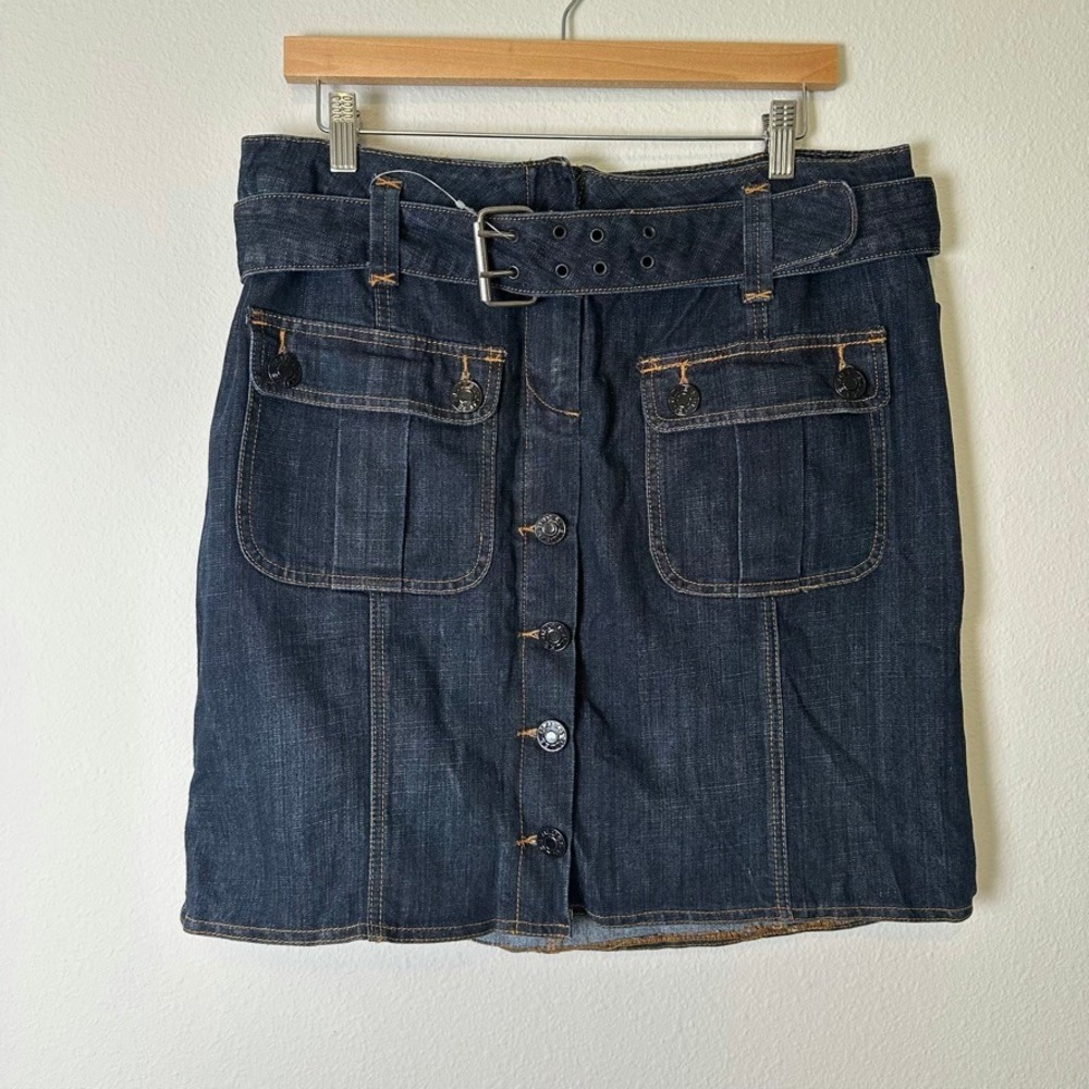 Vintage Baccini Y2K Denim Mini Skirt Dark Wash Belted Button Front Size 14 NWT